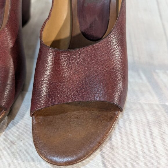 AS98 Burgundy Leather Peep Toe Slingback Pumps Women Sz 37 - Picture 2 of 9